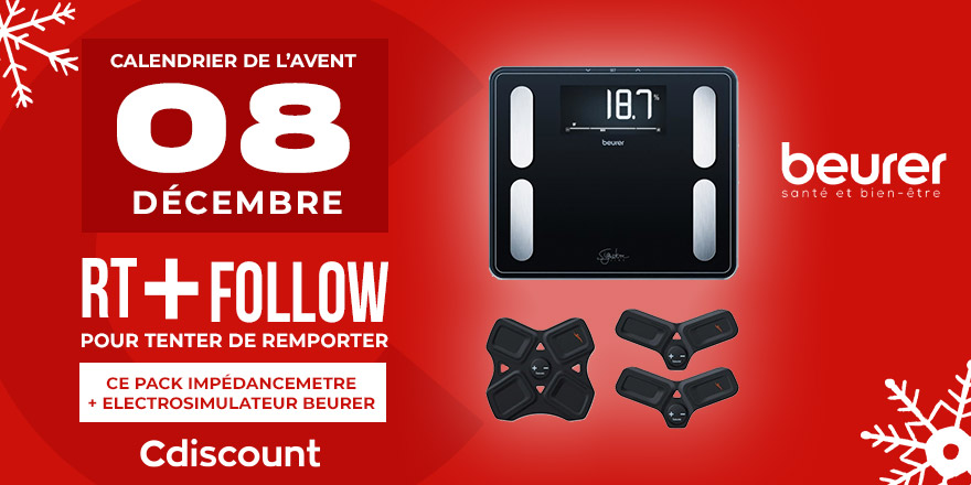 Cdiscount's tweet photo. #CalendrierDeLavent - Jour 8 🎄

🎁 Un pack impédancemetre + électrosimulateur est offert par Beurer aujourd'hui !

Pour tenter ta chance :
🔹 RT + Follow @Cdiscount

🍀 TAS le 09/12

⏰ Rdv demain pour découvrir un nouveau cadeau https://t.co/9UMbxcgHYf