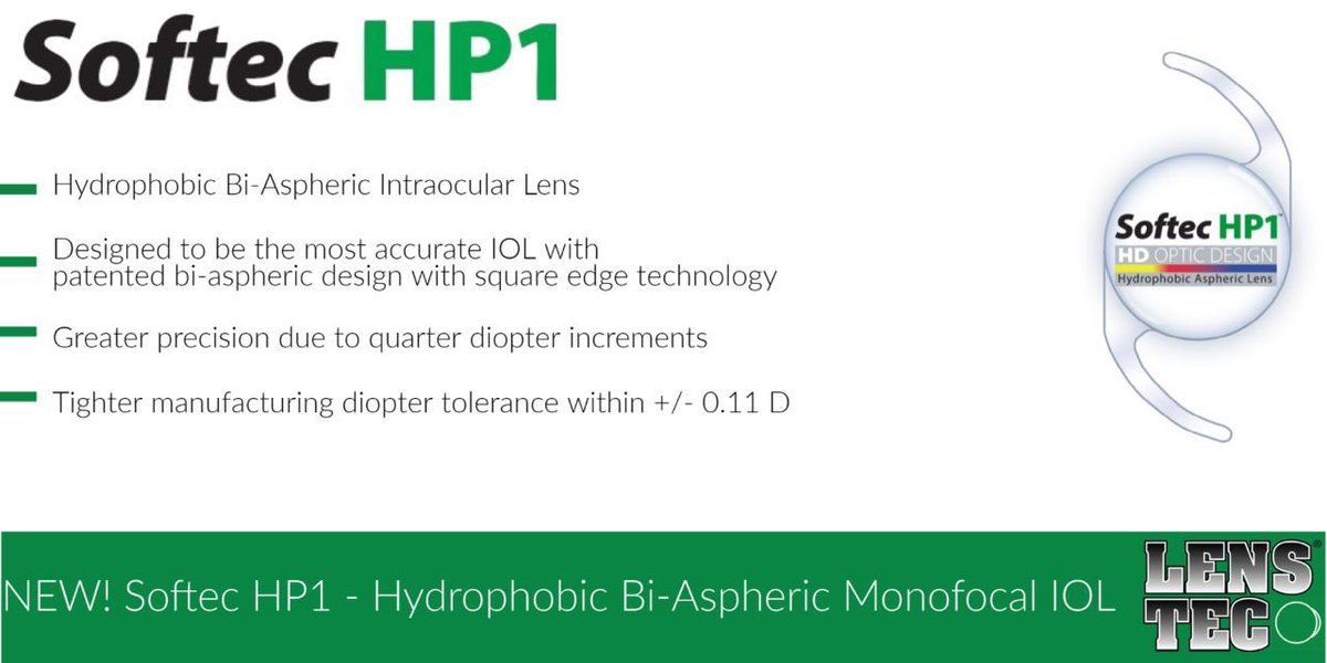 Lenstec is pleased to announce the release of the Softec HP1 IOL to our customers in Europe. 

Designed to be the worlds most accurate IOL with patented bi-aspheric design and square edge technology. 

#ophthalmology #cataractsurgery #medicaldevices