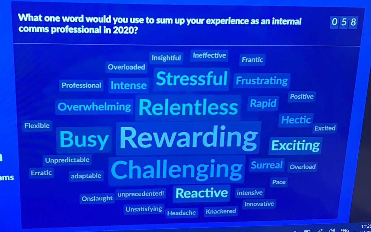 sundipgill's tweet image. ☺️ Rewarding - Challenging - Relentless - Stressful - Busy 😰

Some of the words delegates have shared to sum up their experience as an internal comms proffesional in 2020. What would yours be? @SummitComms #internalcomms #publicsectorcomms