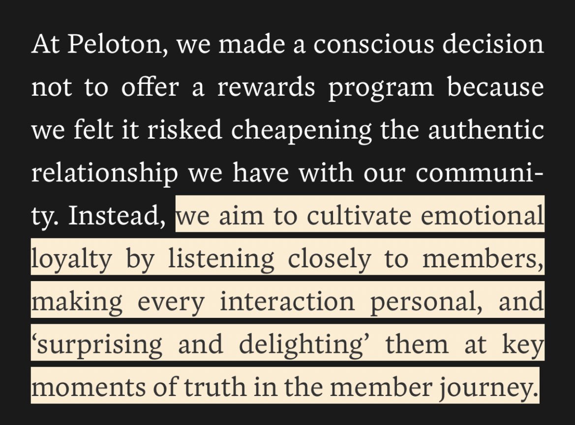 In this post the SVP of Member Experience (note that they have an SVP of Member Experience) lays out how Peloton intentionally and explicitly sets out to “cultivate emotional loyalty.” https://trueventures.com/blog/cultivating-emotional-loyalty