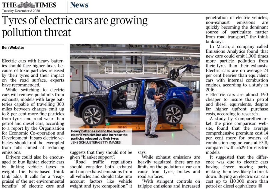 APPGCW's tweet image. The Times reports on research from the @OECD that reveals large electric cars emit up to 8% more fine particles from tyres and road wear than petrol and diesel cars.

They calls for a “reappraisal of the net environmental benefits” of electric cars.