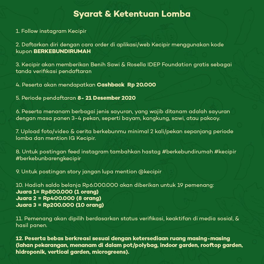 kecipir.com/blog/news/lomb…

Total hadiah 6 juta rupiah! Ayo gunakan kesempatan di rumah aja untuk ikutan lomba berkebun di Jakarta &amp; sekitarnya.. 🌱👩‍🌾👨‍🌾🥗