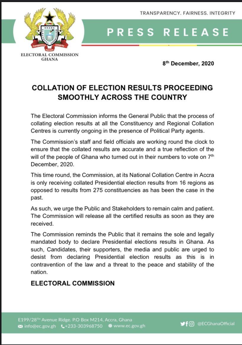 Electoral Commission Of Ghana On Twitter Press Release Collation Of Election Results Is Proceeding Smoothly Across The Country Letthecitizenknow