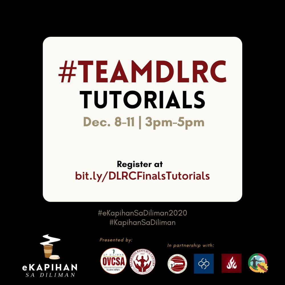 lrc_upd's tweet image. #TeamDLRC Free Online Tutorials &amp;amp; Review: For the students, by the students
- Math 20
- Math 21
- Math 22
- Physics 71
- Physics 72

Samplex w/ answer key &amp;amp; other resources will be provided.

Register here: bit.ly/DLRCFinalsTuto…

#KapihansaDiliman #eKapihansaDiliman2020