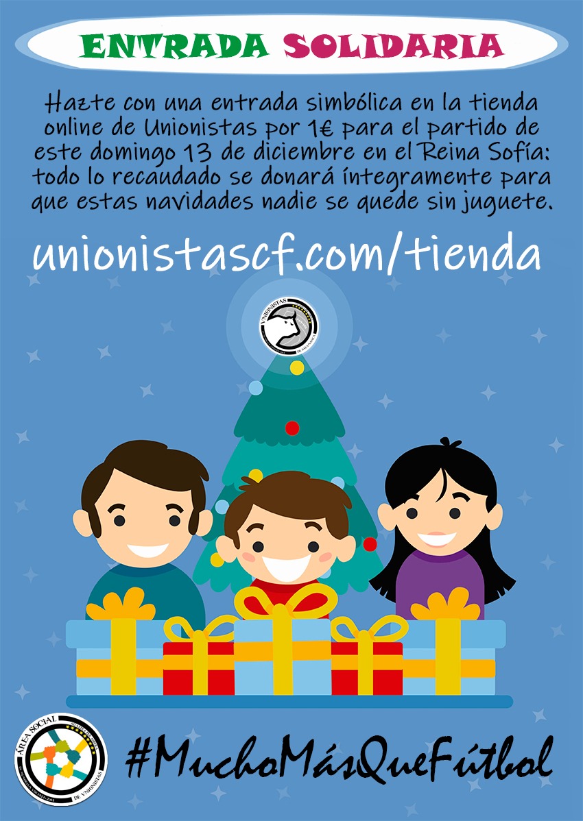 UnionistasCF's tweet photo. 🧸 SOCIAL | Ponemos a la venta una "entrada simbólica solidaria" por 1€ para el partido de este domingo.

La recaudación irá íntegramente a la campaña de recogida de juguetes que organiza el Área Social del club:

👉🏻 https://t.co/GnWlxo4rt5

#MuchoMásQueFútbol https://t.co/dzLlF6j82M