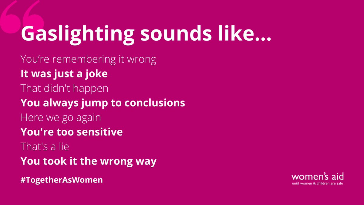 womensaid's tweet image. Abuse is not just physical; it’s in the words that are used.

This #16Days, let's help each other to spot the signs of unhealthy relationships. 

🔄 Share this post. 

If you have heard these phrases, you are not alone. Your feelings are valid.

➡ womensaid.org.uk/information-su…