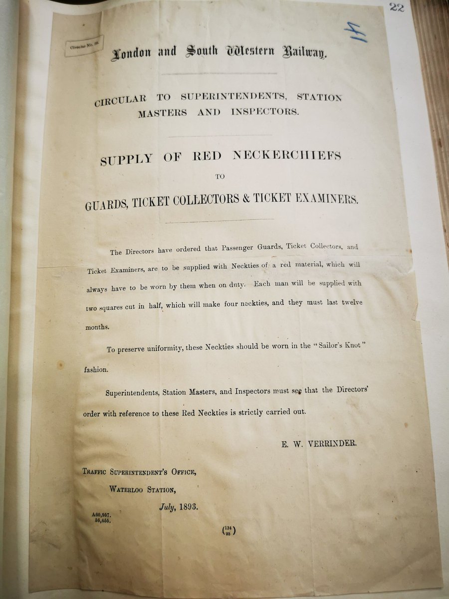 Now onto the London & South Western in 1893. All passenger guards, ticket collectors and ticket examiners are to receive red neckerchiefs...fetching. They must however be worn with a sailor's knot.