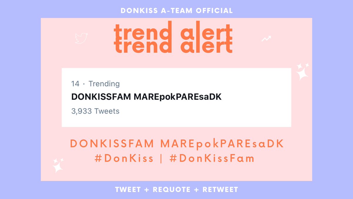 dktrendsofc's tweet photo. [ TREND ALERT ]

Our tag for tonight is now at the 14th spot nationwide with 3,933 tweets. 

No way but up! Keep tweeting, fam!

DONKISSFAM MAREpokPAREsaDK
#DonKiss | #DonKissFam https://t.co/fD5fhTZa4n