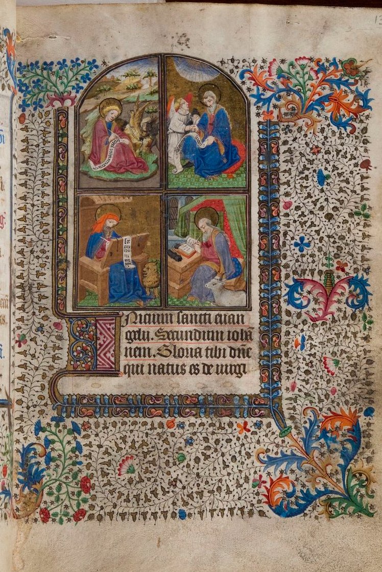 The first miniature of the book heads the sequentia of the gospels. It is quartered to show each of the four evangelists at work.  #BookofHours