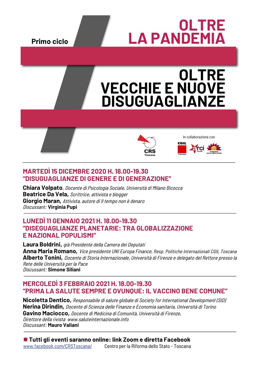Vi invitiamo al primo ciclo di incontri: "Oltre la pandemia. Oltre vecchie e nuove disuguaglianze."
Gli incontri si svolgeranno online e si potranno seguire direttamente dalla nostra pagina Facebook! 😊