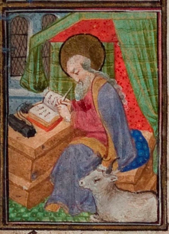 St Luke with his ox is depicted sitting in a room, writing in a book rather on a scroll. Is that an ink pot and pen case on the table?  #BookofHours