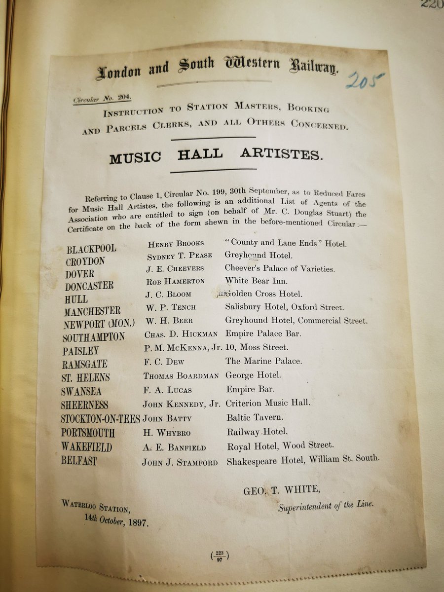 Reduced fares for music hall artistes, 1897.