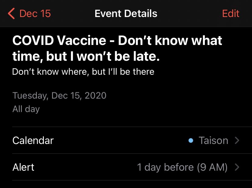 Looks like I will be receiving the  @pfizer  #COVID19Vaccine. Earliest date I can receive it is Dec 15th. Calendar date is in . I’ll keep tabs on any side effects I have and share with the community. Drop any q’s you have in the comments. #RightToBareArms   #ScienceMatters