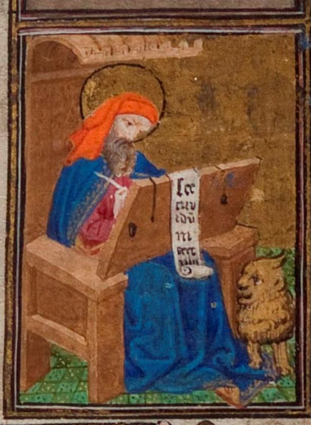 St Mark with his lion is also shown against a plain background. He sits on a chair writing on a scroll, with the lion at his feet.  #BookofHours