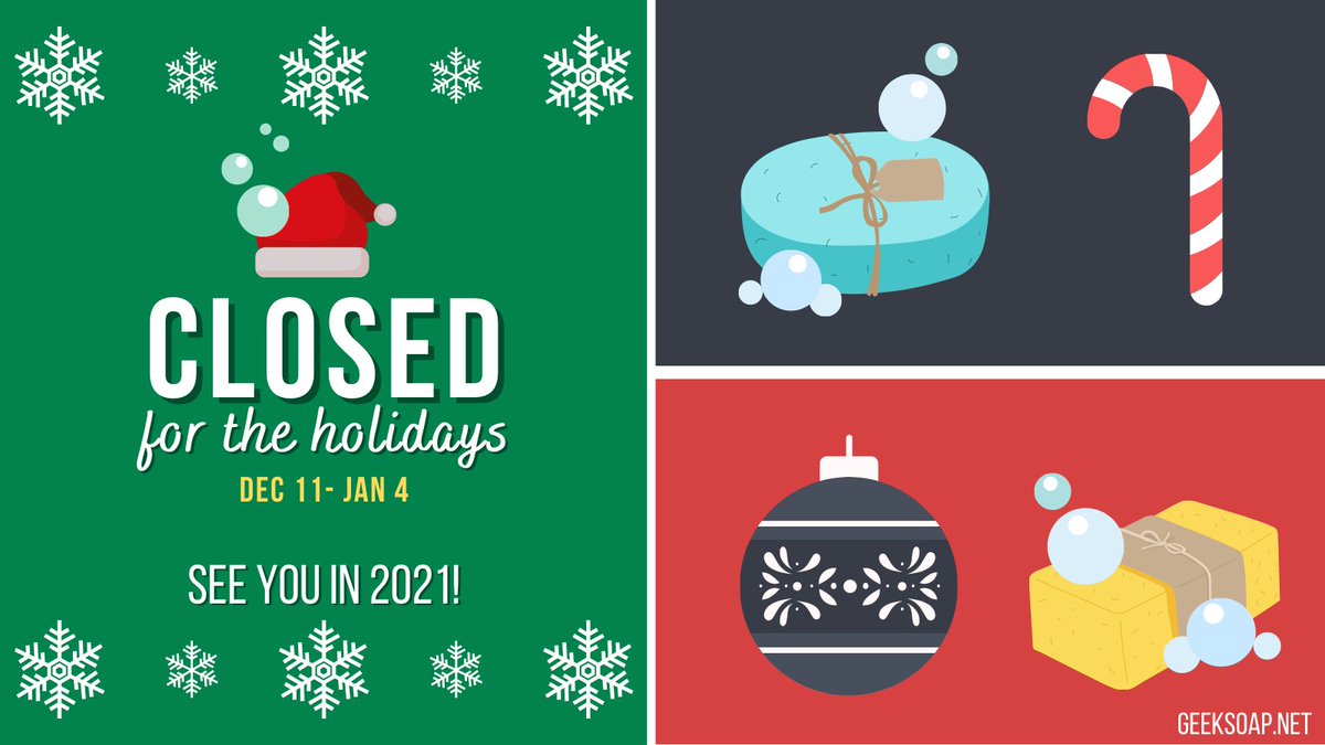 geeksoap's tweet image. GEEKSOAP update - just like every year, the shop will close over the holidays so I can finish orders &amp;amp; take a break with family. Shop closes 12/11 &amp;amp; re-opens 1/4/2021, so get your last minute orders in before Friday! geeksoap.net/shop-closed-fo… #geeksoap #holidays #giftideas