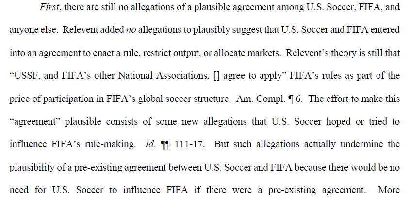 USSF filed a separate motion to dismiss. Its first argument is that no agreement was alleged between USSF and anyone else, especially since FIFA's Rule 73 is long-standing limit on cross-border league matches.