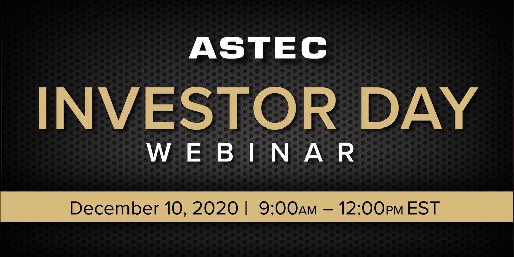 Astec Industries will host an institutional investor and analyst meeting on 12/10  from 9 AM to 12 PM (EST). Presentations from Barry Ruffalo, CEO, and the Astec leadership team will be given. 
The meeting will be held in a virtual format. Register: ow.ly/mcKa50CFY3s