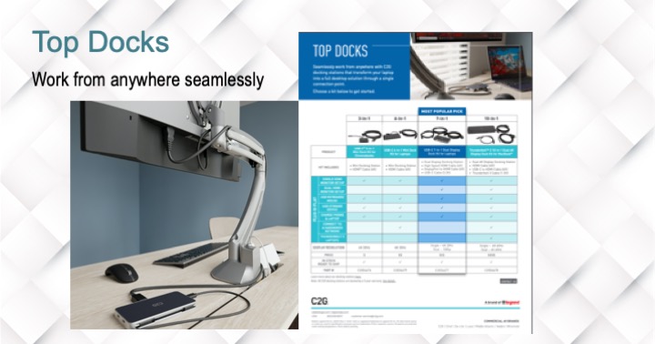 LegrandAV's tweet photo. For those still working from home, we have put together our top docking station kits from @C2G to help people transform laptops into a full desktop solution. Check them out at https://t.co/ZJUPXyLAjL #DockingStations #WFH #WorkFromHome https://t.co/4aLT8m4iNw