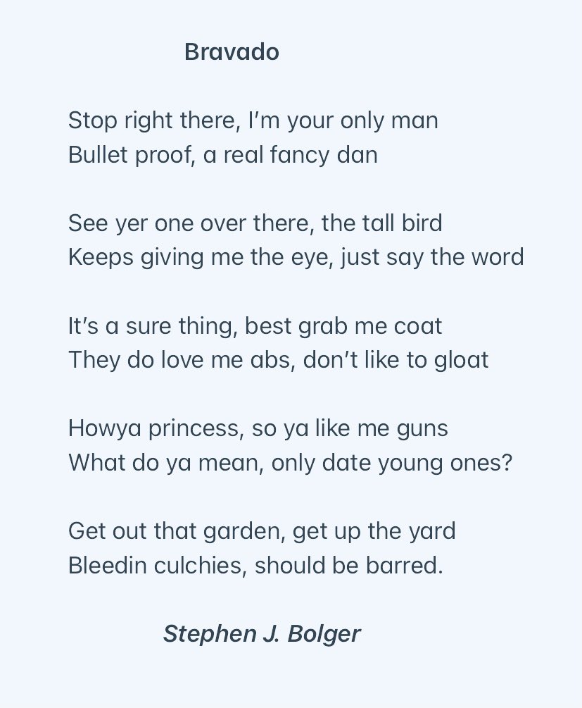 Stephen_JBolger's tweet photo. @tarryathome @poetryireland @deuxiemepeau @Soundingvisual @thewindingroad1 @karenjmcdonnell @MaryBShannon @katekavart @MiseCiara @billycraven2 @TheresaWriter It is all the way Back to the letter #B for me, Better late than never an all.  B is for a bit of Bravado. https://t.co/vlgU8omRGx