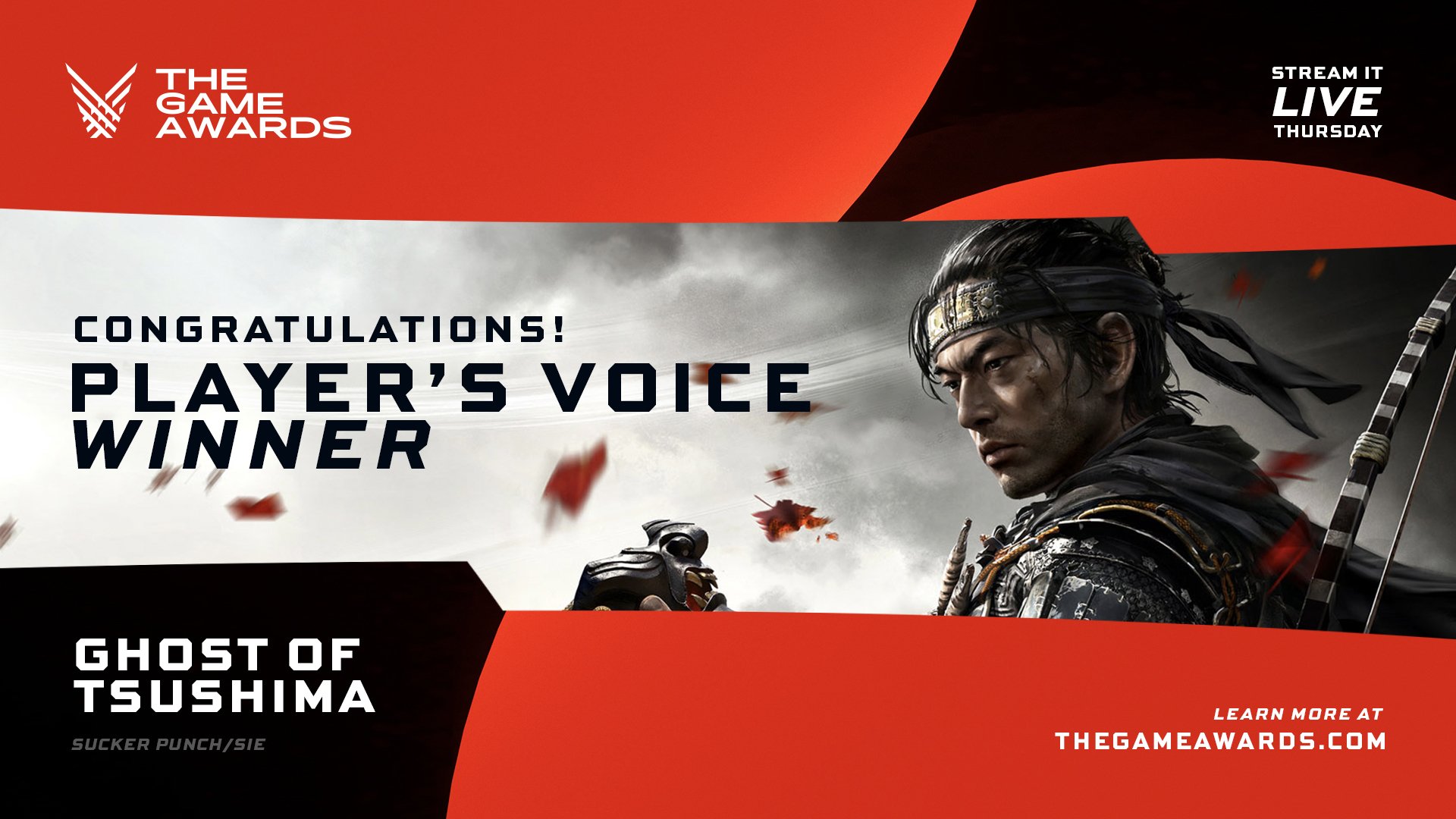 The Game Awards on X: Congratulations Ghost of Tsushima and  @SuckerPunchProd -- the fans have chosen you as their pick for Player's  Voice!  / X