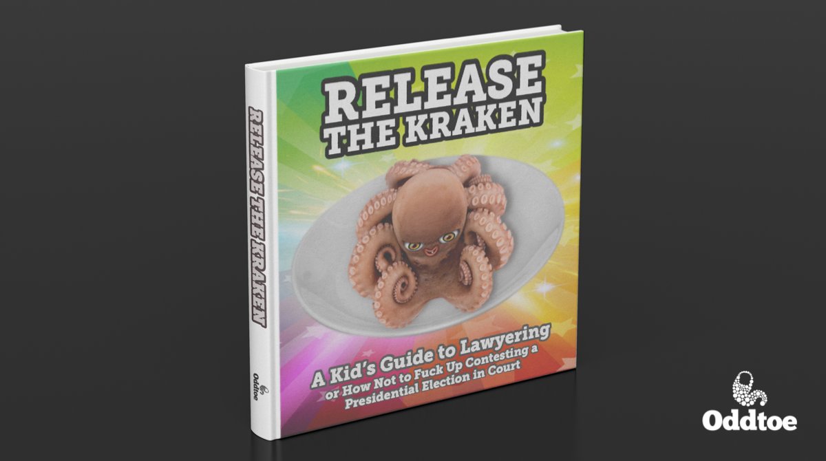 Oddtoe's tweet photo. My new book is here!

Watch your junior Giuliani learn insider tips, such as: Farting in front of a judge is bad. Take a crap before addressing the courtroom.

Cheaper than a Harvard Law degree, “Release the Kraken” is must have this holiday season.

#releasethekraken #satire https://t.co/SSnFFozhfE