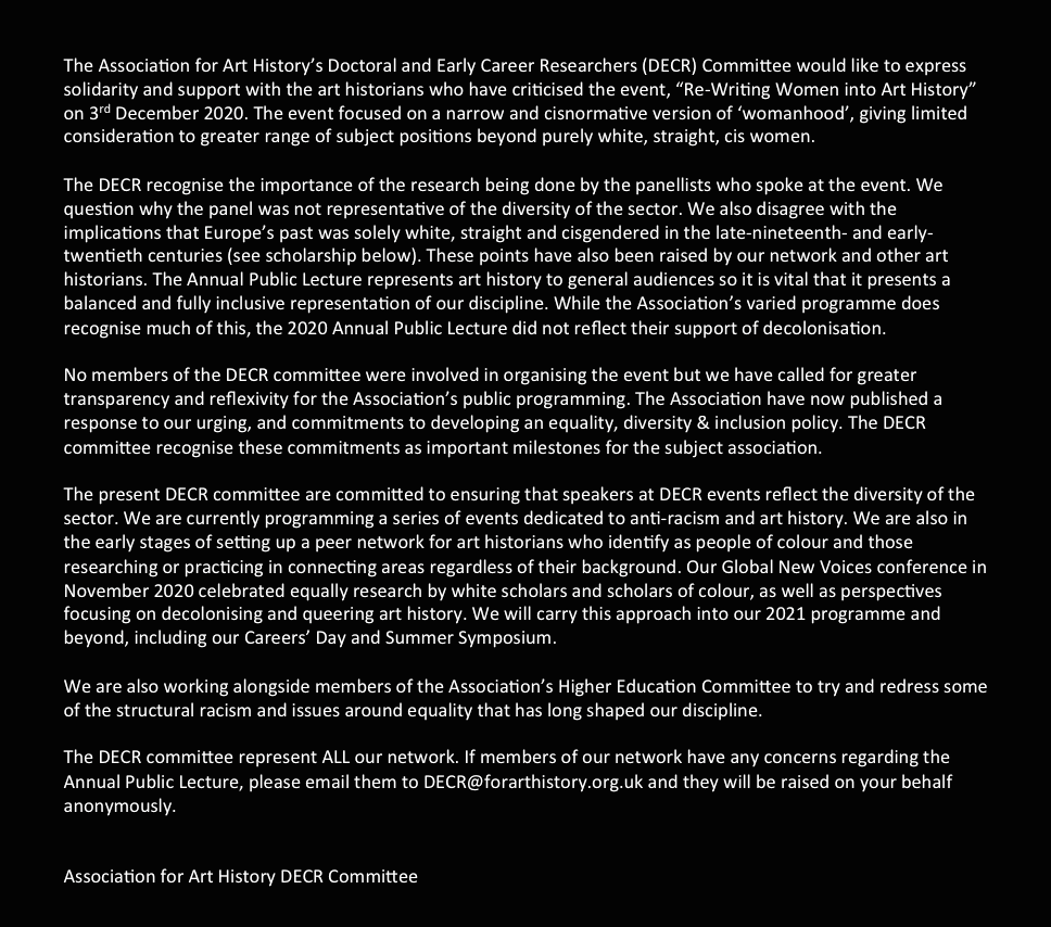 We would like to express solidarity and support with the art historians who have criticised the event, “Re-Writing Women into Art History” on 3rd December 2020 which perpetuated a narrow view of 'womanhood'. 1/8
