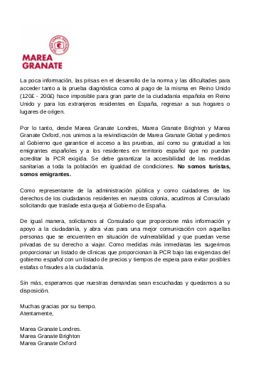 Desde Marea Granate Oxford, Londres y Brighton hemos hecho llegar esta carta a <a href="/CGEspLondres/">Consulado General de España en Londres</a> comunicándole nuestro malestar por las medidas clasistas y excluyentes del Gobierno de España y solicitándole que traslade nuestra preocupación. #SomosEmigrantesNoTuristas