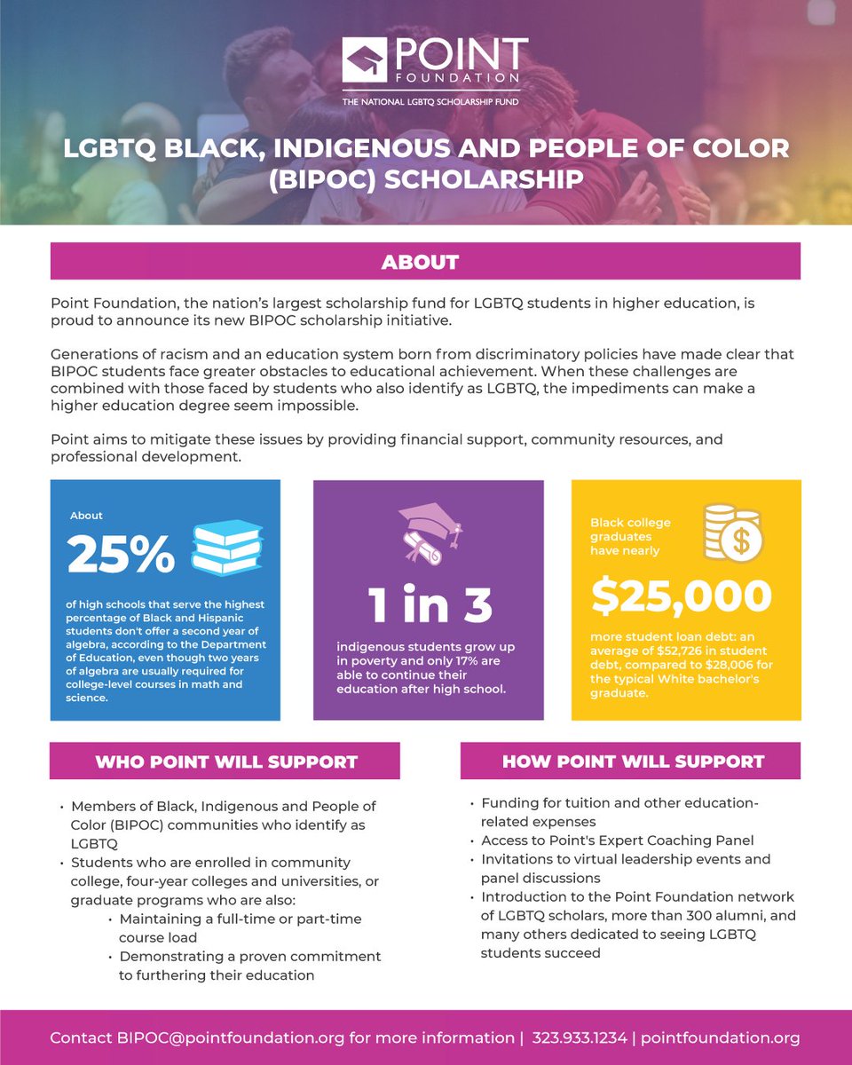 PointFoundation's tweet photo. #PointFoundation is proud to announce its new BIPOC Scholarship – providing financial support, community resources, and professional development for BIPOC students who also identify as LGBTQ. Apply now ▶️ https://t.co/8tNy5NBIRB https://t.co/lYO8bmL4H3