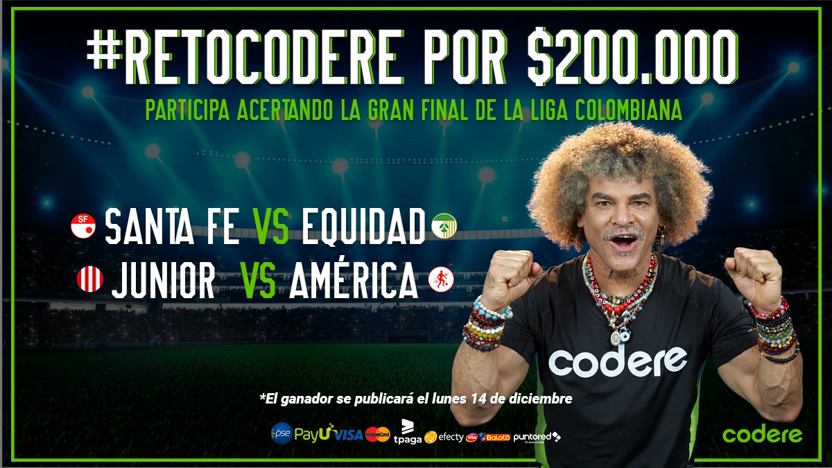 CodereCO's tweet photo. 💰 #RetoCodere por $200.000 en Freebets. 

⚽️ Acierta cuál será la final de la Liga de este año, da RT y menciona a 2 amigos que también sigan a Codere. 

⚠️ El lunes 14 de diciembre se sorteará el ganador entre los que acierten. https://t.co/sanigq1uuw