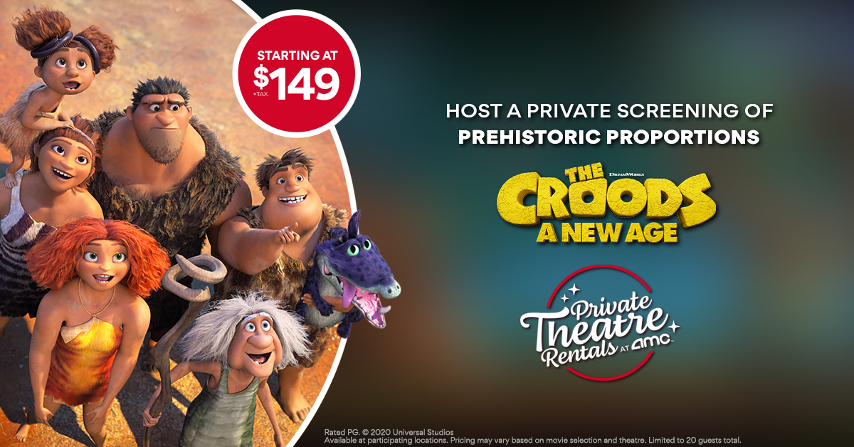 AMCTheatres's tweet photo. Host a screening for your pack of 1-20 friends or family members in an AMC Safe &amp; Clean™ auditorium to see #CroodsNewAge. Book your private screening of prehistoric proportions now at #AMCTheatres! https://t.co/lEr4fQdB4S https://t.co/39979BfafL