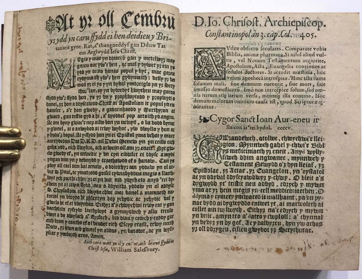 This is the first edition of the New Testament in Welsh, one of about 50 known copies: "Testament Newydd ein Arglwydd Jesu Christ. Gwedy ei dynnu, yd y gadei yr ancyfiaith, 'air yn ei gylydd or Groec a'r Llatin". Translated by William Salesbury, it was printed in London in 1567.