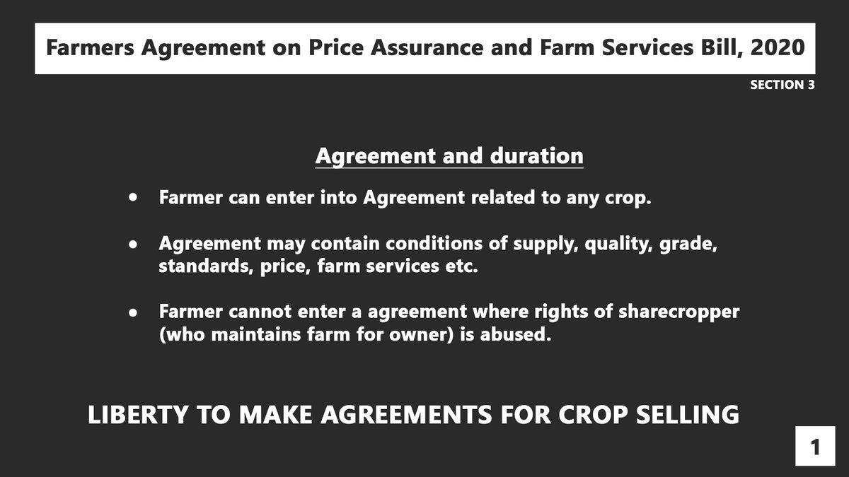 1. THE FARMERS (EMPOWERMENT AND PROTECTION AGREEMENT ON PRICE ASSURANCE AND FARM SERVICES BILL, 2020Farmers can make agreements to sell crops (1.1)