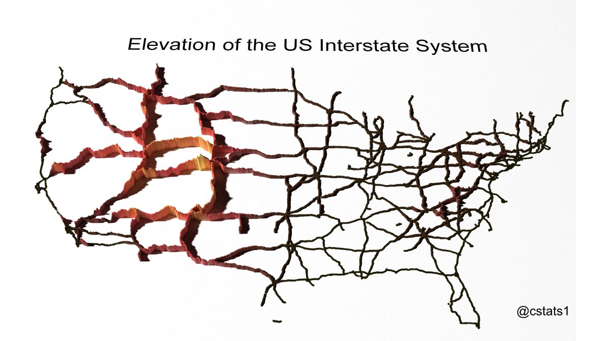 Elevation of the contiguous U.S. Interstate Highway System. #travel #dataviz Source: reddit.com/r/dataisbeauti…