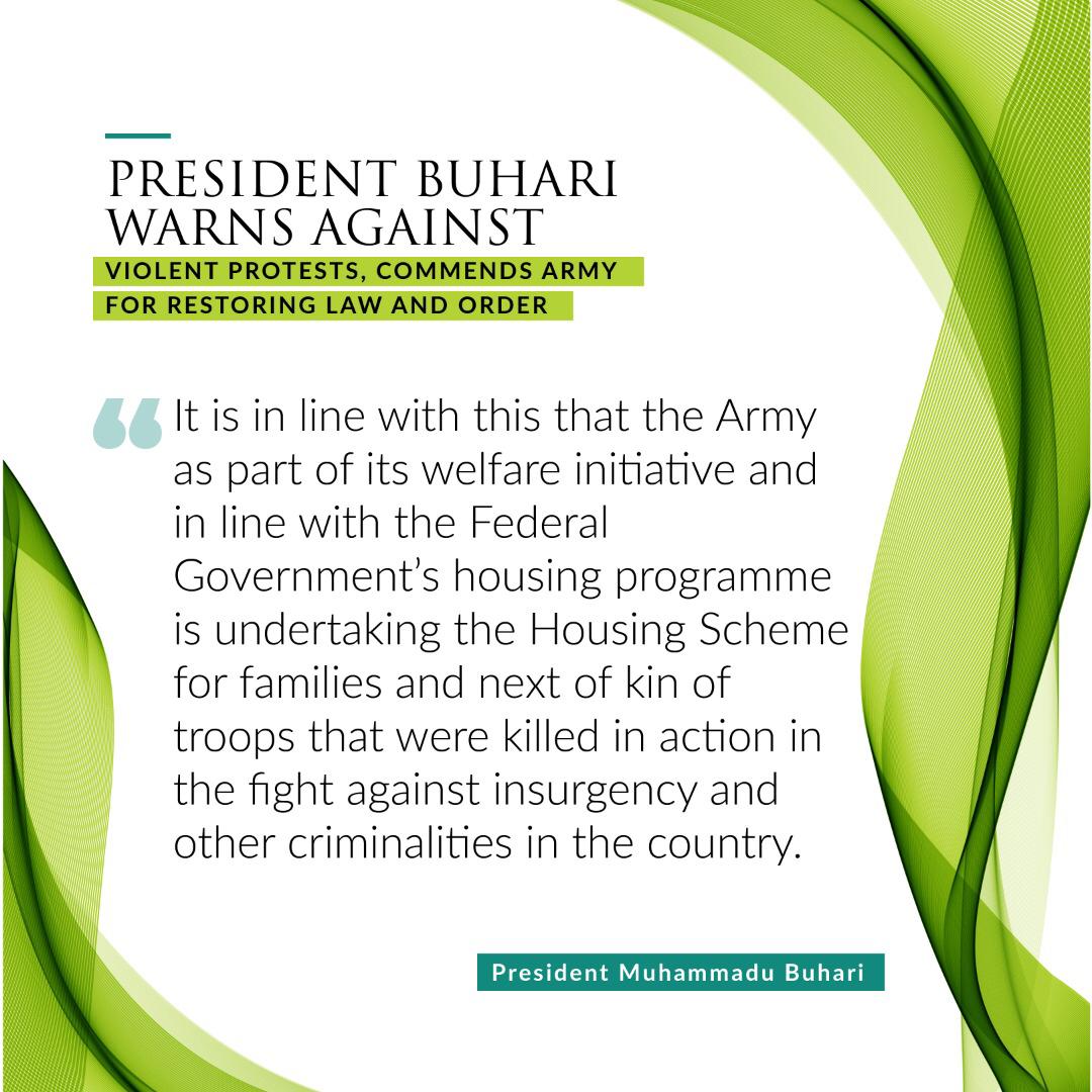 ene_uk's tweet photo. President @MBuhari warns against violent protest and commends the @HQNigerianArmy for remaining resolute in discharging its constitutional roles. #OneNigeria  #endviolenceinnigeria https://t.co/dro2GGB6jL