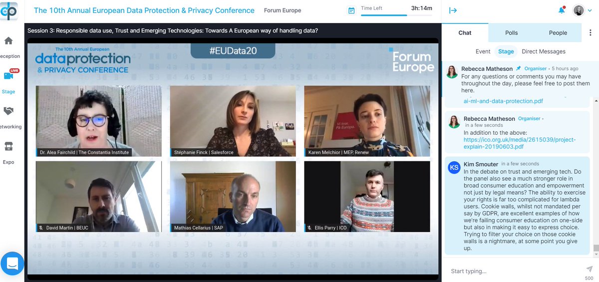 ForumEurope's tweet photo. Great discussion here this afternoon with @karmel80, Ellis Parry of @ICOnews, David Martin of @beuc, Mathias Cellarius of @SAP, @Digit_Steph of @salesforce & @AFairch on Responsible data use, Trust and Emerging Technologies. Tune in now to watch live ⬆️ #EUData20 https://t.co/6beostZtwr