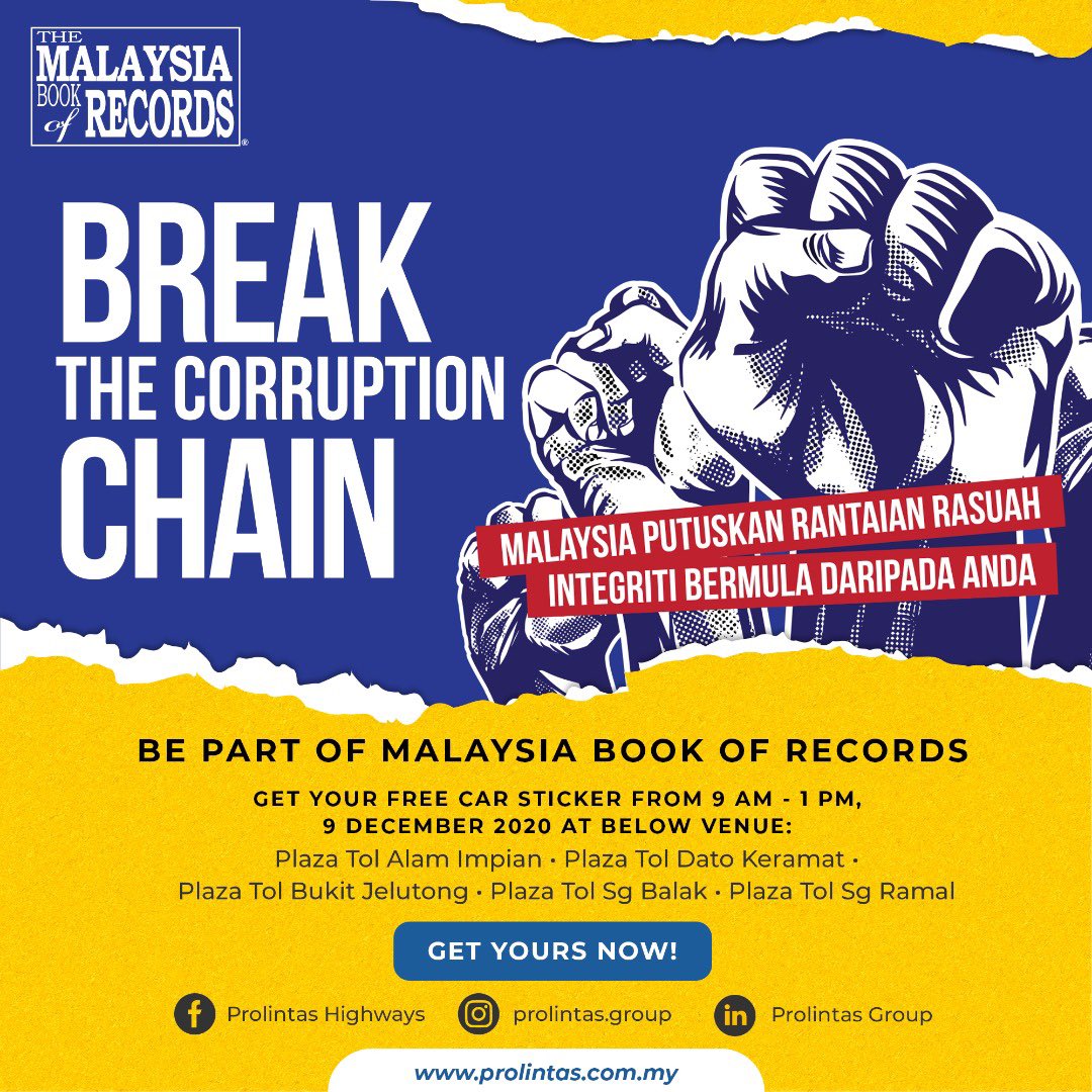 LKSAtrafik's tweet photo. Let’s be part of the Malaysia Book of Records! Get your free car sticker from 9am - 1pm tomorrow 🤝
#BreakTheCorruptionChain #ProlintasIntegrityDay #IntegrityMatters https://t.co/9QVf4BS5b1