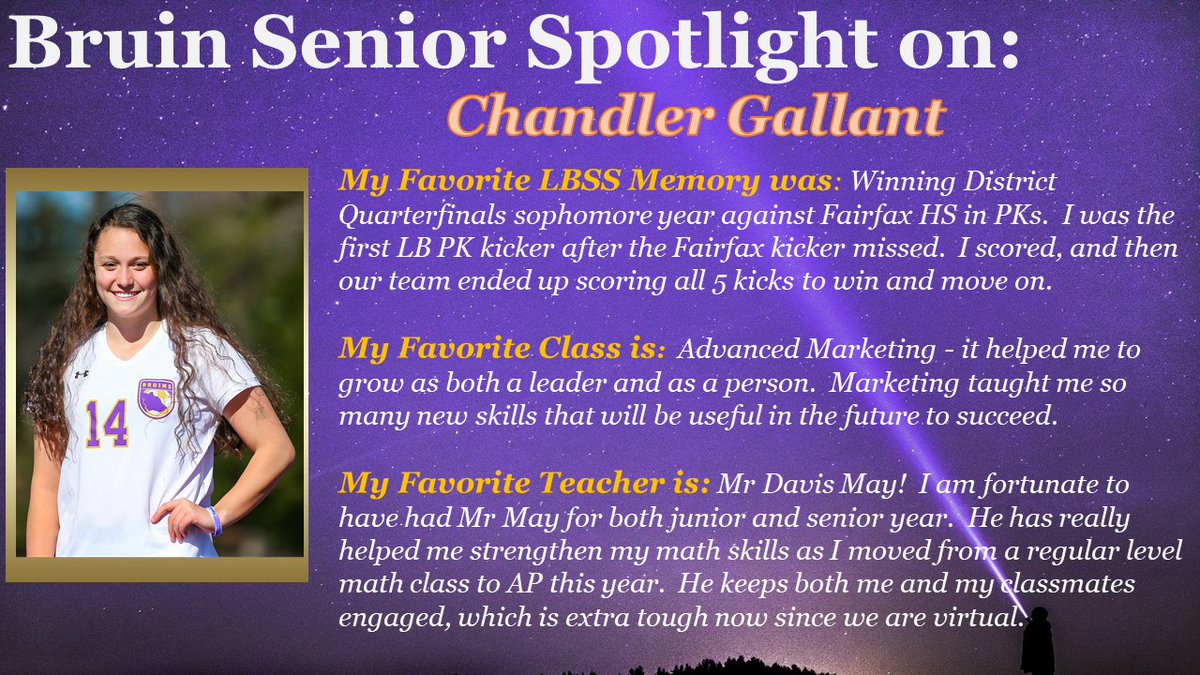 lbssptsa's tweet photo. @FCPSLBSS @fcpsnews @bruinnation2021 @LBDECA @ShenandoahU  We were so excited to feature @cgallant14 in our Senior Spotlight this week!  Thank you to @LBFGSB coach @MrWickhamLB for the nomination and @Mr_May_I for contributing to the article about our spectacular senior!! https://t.co/Uf7wErtIhP