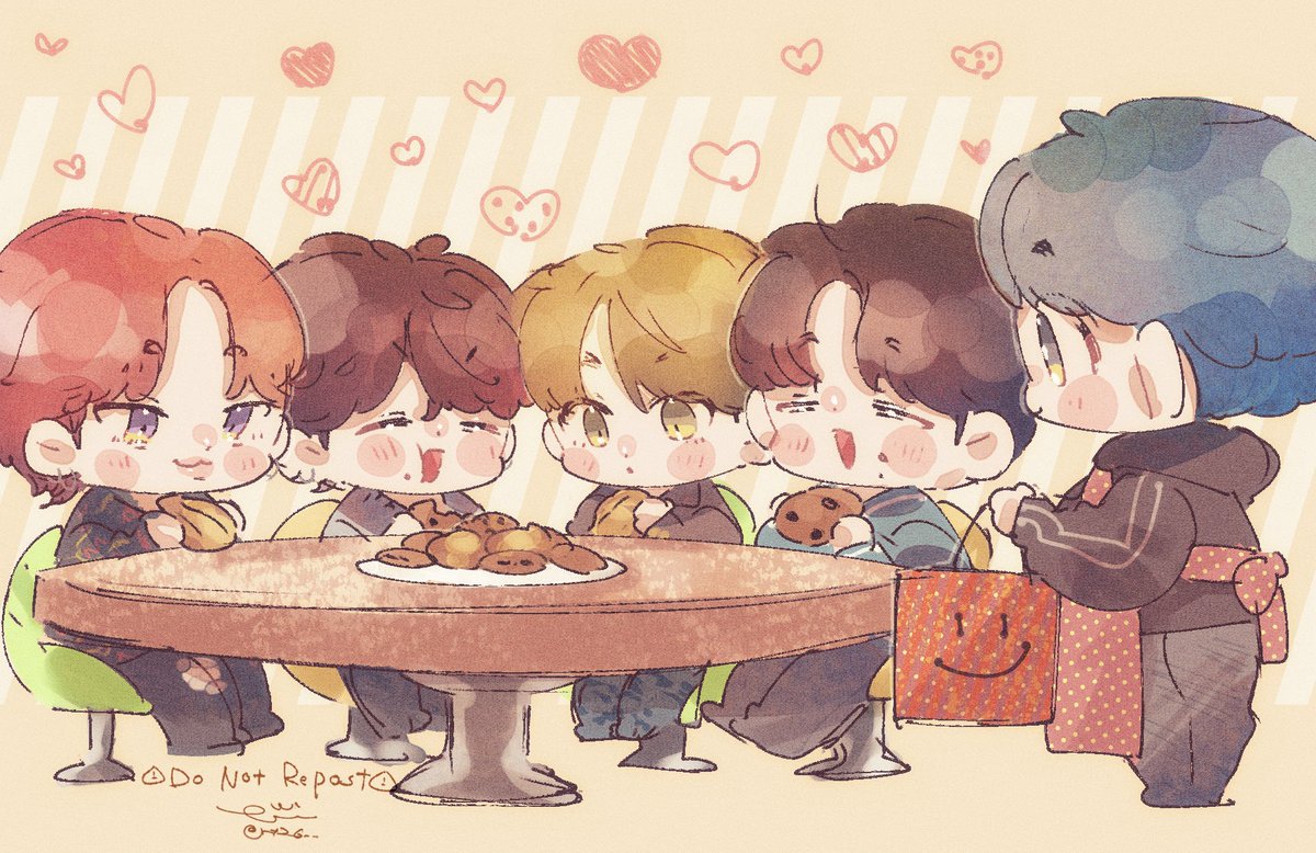 multiple boys chibi food table brown hair red hair male focus  illustration images