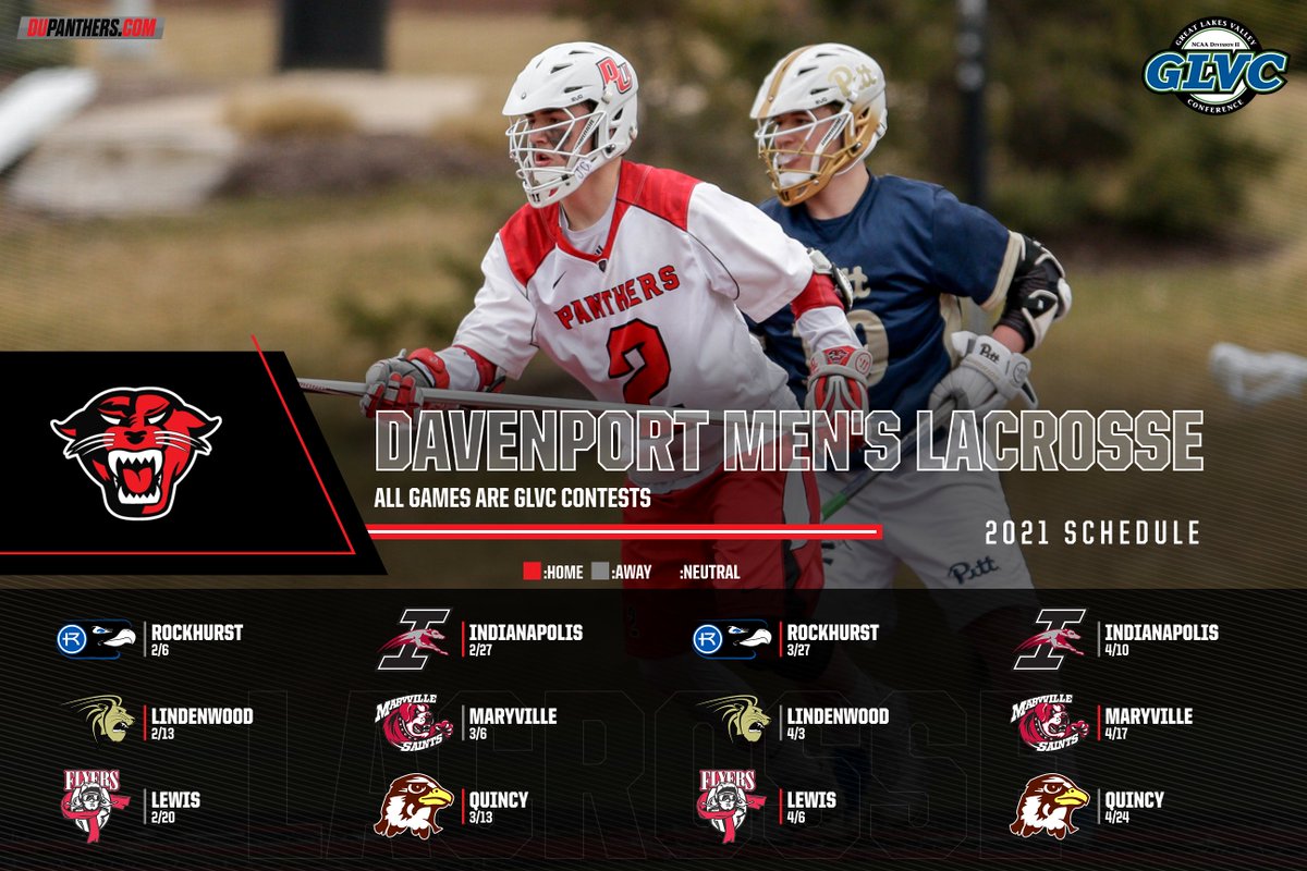 Men's Lacrosse Schedule

Here is the slate of games scheduled for 2021! The Panthers will play all of their 12 contests in the <a href="/GLVCsports/">Great Lakes Valley Conference</a> with 6 home and 6 away games.

<a href="/DU_MLacrosse/">Davenport Men's Lacrosse</a> 
#GLVCLacrosse
#DUingWork