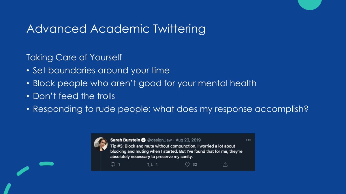 Finally, advanced Twitter skills incl. scheduling & organizing content and taking care of yourself. See the OSF for the former two!Taking care of yourself means maintaining "regular" productivity AND sanity. Set time limits, know thyself, and block people when needed! (6/7)