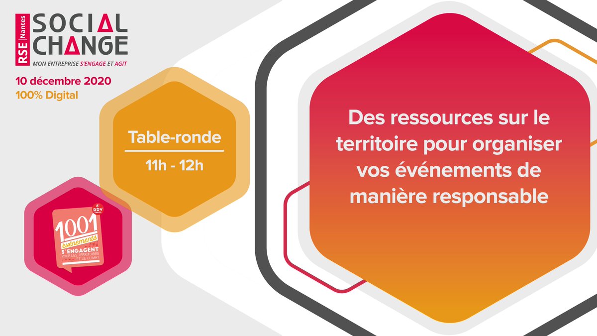 [#Programmation]
Résilience de la filière événementielle par l'Eco-conception, quels seront les accompagnements pour 2021 ?
#RSE #SocialChangeNantes

➡️ rse.metropole.nantes.fr/agenda/social-…