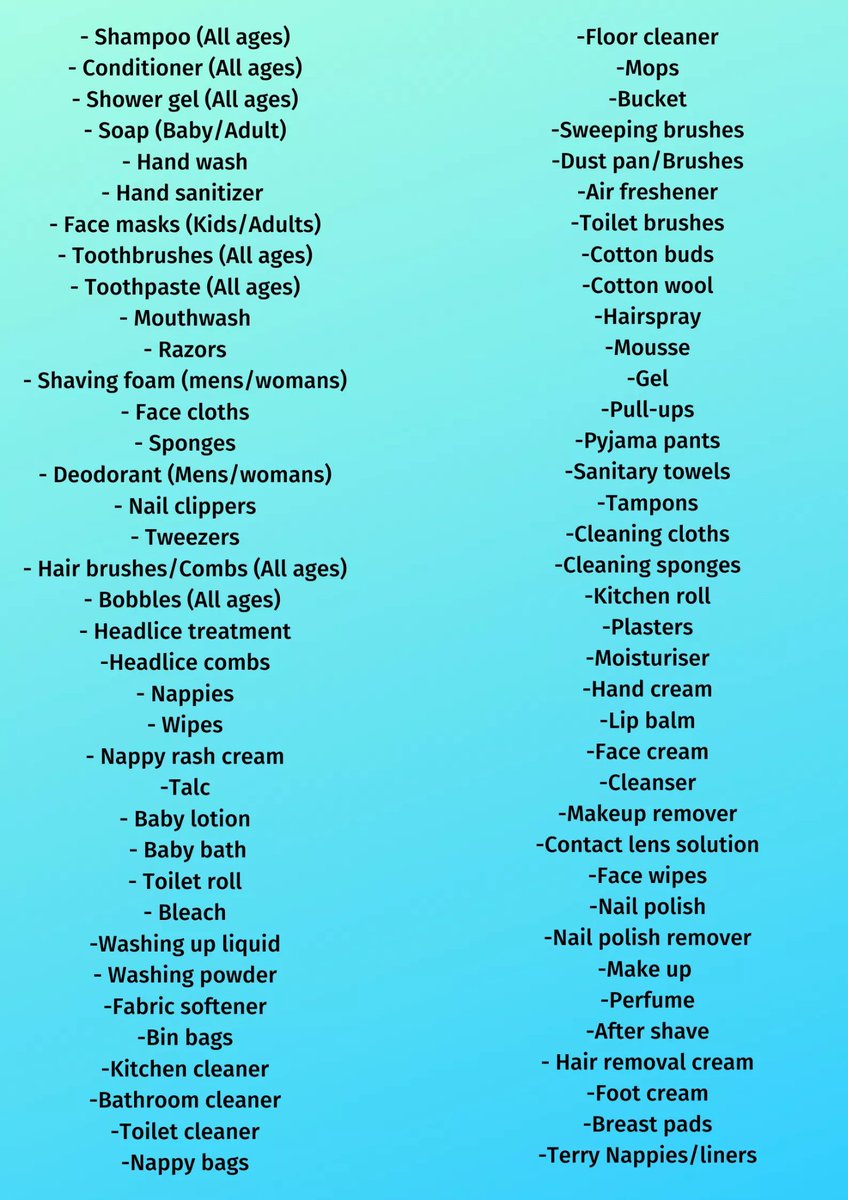 This list is lots of things that most of us put in our shopping trolley without a second thought. Yet others haven't been able to afford for some time, or have to sacrifice a meal just be clean themselves, their children or their home. These are the items we collect to give out🐠