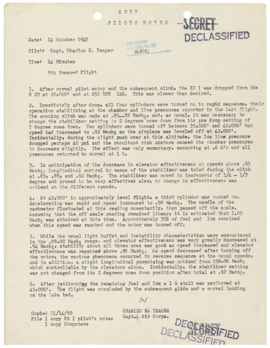 Yeager wrote detailed notes after his record-breaking flight in the XS-1, an experimental aircraft being tested at Muroc airfield in the California desert. https://catalog.archives.gov/id/295644&nbsp;  #ChuckYeager  #aviation  #aviationhistory
