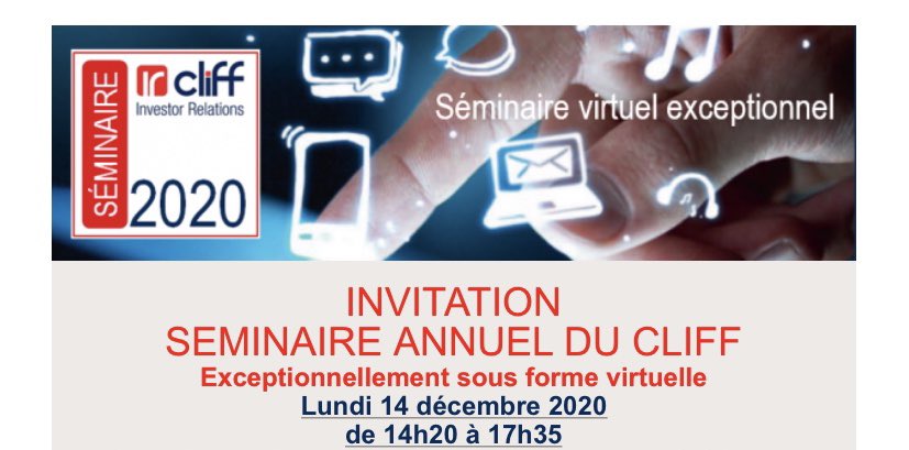 J-6 avant le #séminaire #virtuel exceptionnel du <a href="/ircliff/">Ircliff</a> 
RDV le 14 déc« Les #Relations #Investisseurs du XXIème siècle ou comment intégrer l'#ESG à la #communication #financière » Inscrivez-vous sur : cliff.asso.fr/index.php?lang… 
 <a href="/CecileCabanis/">Cécile Cabanis</a> <a href="/NicolasMottis/">Mottis Nicolas</a> <a href="/StanPottier/">stanislas pottier</a> ...