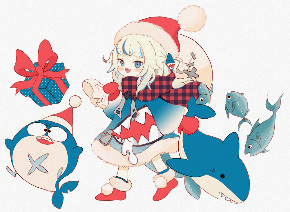 gawr gura 1girl hat santa hat gift scarf shark girl blue eyes  illustration images