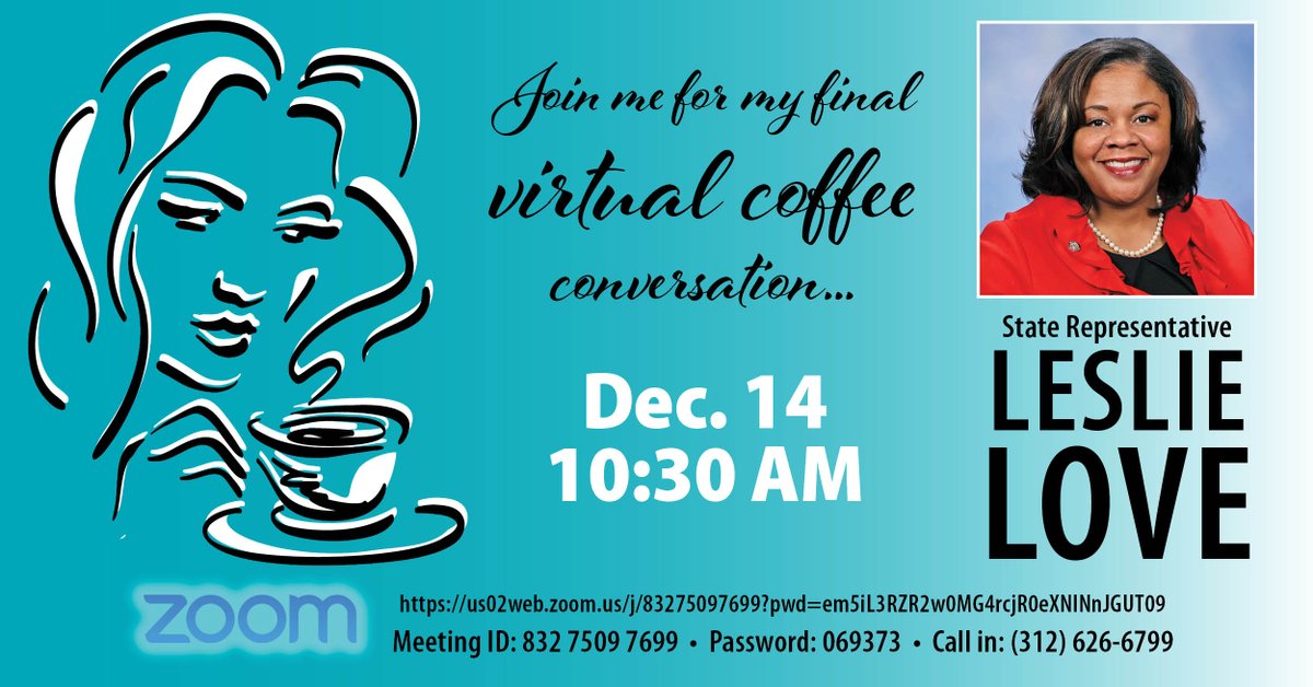 Join me for my final Coffee Hour in my third and final term in the House.
us02web.zoom.us/j/83275097699...
Meeting ID: 832 7509 7699
Passcode: 069373
One tap mobile
+13126266799,,83275097699#,,,,,,0#,,069373# US (Chicago)
Meeting ID: 832 7509 7699
Passcode: 069373
