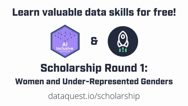 dataquestio's tweet photo. Exciting news! We've joined forces with @AIinclusive to launch a new scholarship series 😍

This first round is for women and other under-represented genders in #datascience, and you can apply right now!

Details &amp; application form: https://t.co/4VWUF357Rx https://t.co/HBA4sQixlJ