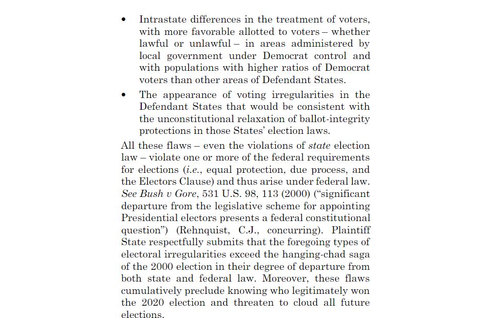 More Texas complaint vs. MI, GA, PA & WI:• "Intrastate differences in the treatment of voters..."• "The appearance of voting irregularities in the Defendant States that would be consistent with the unconstitutional relaxation of ballot-integrity protections"