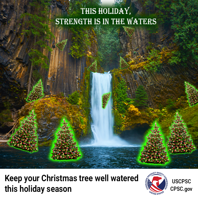 A group of Christmas trees at a waterfall and pool drinking water. The text reads: This holiday, strength is in the waters. Keep your Christmas tree well watered this holiday season.
