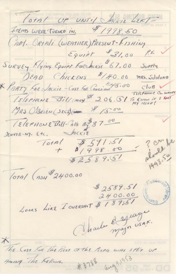 Yeager flew the chase plane for his friend Jacqueline Cochran on May 18, 1953, when she became the first woman to break the sound barrier. His bill for expenses included the replacement of chickens that stampeded when her low-flying Sabre jet flew over a ranch.  @IkeLibrary